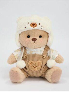 Cream & Beige Plush Bear in Cozy Hat and Corduroy Overalls